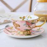YBK Tech Euro Style Cup& Saucer Set Art Bone China Ceramic Tea Coffee Cup for Breakfast Home Kitchen- Birds and Trees Patterns (Light Pink)