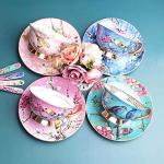 YBK Tech Euro Style Cup& Saucer Set Art Bone China Ceramic Tea Coffee Cup for Breakfast Home Kitchen- Birds and Trees Patterns (Light Pink)
