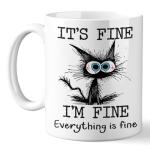 Kraftiful Funny Black Cat Coffee Cups, It’s Fine Everything is Fine, Christmas Birthday Gifts for Cat Lovers, Funny Coffee Mug for Women, Men, Humor Office Mug, 11 Oz Ceramic Coffee Mugs