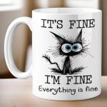 Kraftiful Funny Black Cat Coffee Cups, It’s Fine Everything is Fine, Christmas Birthday Gifts for Cat Lovers, Funny Coffee Mug for Women, Men, Humor Office Mug, 11 Oz Ceramic Coffee Mugs