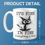 Kraftiful Funny Black Cat Coffee Cups, It’s Fine Everything is Fine, Christmas Birthday Gifts for Cat Lovers, Funny Coffee Mug for Women, Men, Humor Office Mug, 11 Oz Ceramic Coffee Mugs