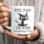 Kraftiful Funny Black Cat Coffee Cups, It’s Fine Everything is Fine, Christmas Birthday Gifts for Cat Lovers, Funny Coffee Mug for Women, Men, Humor Office Mug, 11 Oz Ceramic Coffee Mugs