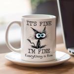 Kraftiful Funny Black Cat Coffee Cups, It’s Fine Everything is Fine, Christmas Birthday Gifts for Cat Lovers, Funny Coffee Mug for Women, Men, Humor Office Mug, 11 Oz Ceramic Coffee Mugs