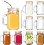 DESIYUE 9 Pack 16 Oz Mason Jar cups with Bamboo Lid and Straw, Mason Jar Drinking Glasses,Wide Mouth Ice Coffee Mugs with Handle for Juice, Smoothies, Kombucha, Tea, Milk,Drinking Storage Containers
