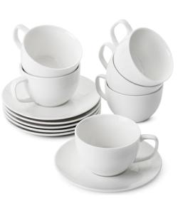 BTaT- Tea Cups and Saucers, Set of 6 (8 oz), White British Porcelain Espresso Cups For Cappuccino, Coffee, Latte