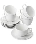 BTaT- Tea Cups and Saucers, Set of 6 (8 oz), White British Porcelain Espresso Cups For Cappuccino, Coffee, Latte