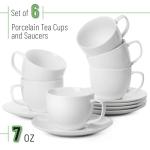 BTaT- Tea Cups and Saucers, Set of 6 (8 oz), White British Porcelain Espresso Cups For Cappuccino, Coffee, Latte