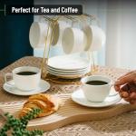 BTaT- Tea Cups and Saucers, Set of 6 (8 oz), White British Porcelain Espresso Cups For Cappuccino, Coffee, Latte