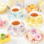 Fairooth 48 Sets Floral Paper Tea Cups and Saucers Disposable Tea Party Supplies Colorful Flower Teacups with Handle and Plates for Hot Cold Drink Wedding Birthday Party Baby Shower