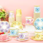 Fairooth 48 Sets Floral Paper Tea Cups and Saucers Disposable Tea Party Supplies Colorful Flower Teacups with Handle and Plates for Hot Cold Drink Wedding Birthday Party Baby Shower