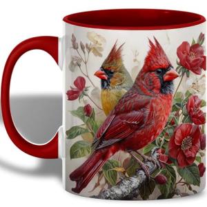 Cardinal Bird Ceramic Coffee Mug, Beautiful Red and Yellow Cardinal Design with Floral Background, Durable Tea Cup for Home or Office, Gift for Nature Lovers,Morning Coffee Mug for Hot and Cold Drinks