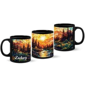 Customized Forest Landscape Coffee Cup, Nature Inspired Ceramic Mug 11oz 15oz, Personalized Name Scenic Cup, Gift For Outdoor Enthusiasts, Unique Custom Full Wrap Black Mug, 1PCS
