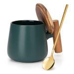GOOD ALWAYS Ceramic Coffee Mug, Tea Cup for Office and Home, 14 Oz Coffee Cup with Lid and Spoon,Fathers Day, Birthday Gifts, House Warming Presents for New Home, 1 Pack (Dark Green)