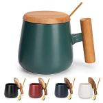 GOOD ALWAYS Ceramic Coffee Mug, Tea Cup for Office and Home, 14 Oz Coffee Cup with Lid and Spoon,Fathers Day, Birthday Gifts, House Warming Presents for New Home, 1 Pack (Dark Green)