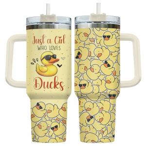 34HD Just A Girl Who Loves Ducks Tumbler with Handle and Straw, 40oz Animal Themed Coffee Mug with Lid, Duckling Cup, Duck Lover Gifts for Teenage Girls Women Daughter Friends