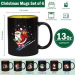 Gonioa Christmas Mugs Set of 6 Black Christmas Coffee Mugs Set Durable Ceramic Holiday Mugs for Coffee, Milk, Hot Cocoa, Tea, Latte (13 Ounce, Black Outside and Colorful Inside)