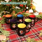 Gonioa Christmas Mugs Set of 6 Black Christmas Coffee Mugs Set Durable Ceramic Holiday Mugs for Coffee, Milk, Hot Cocoa, Tea, Latte (13 Ounce, Black Outside and Colorful Inside)