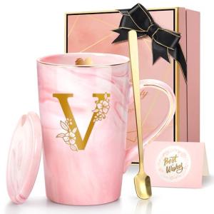Coffee Mugs - Birthday Gifts for Women, Personalized Initial Customized Mug Tea Cup with Lid 14 Oz Pink, Spoon Greeting Card, Luxury Gift-Boxed Christmas Gift for Her Wife Mom Grandma Friend Unique,V