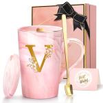 Coffee Mugs - Birthday Gifts for Women, Personalized Initial Customized Mug Tea Cup with Lid 14 Oz Pink, Spoon Greeting Card, Luxury Gift-Boxed Christmas Gift for Her Wife Mom Grandma Friend Unique,V