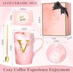 Coffee Mugs - Birthday Gifts for Women, Personalized Initial Customized Mug Tea Cup with Lid 14 Oz Pink, Spoon Greeting Card, Luxury Gift-Boxed Christmas Gift for Her Wife Mom Grandma Friend Unique,V