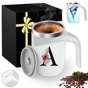 Initial Magnetic Stirring Coffee Mug with Lid Handle Insulated Stainless Steel Spill Leak Proof Heavy Large Reusable Thermal Travel Tea Cup Camping Big Water Tumbler Automatic Self Electric Mixing,A