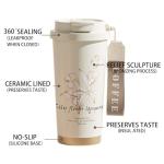 Leakproof Ceramic-Lined Insulated Coffee Mug with Folding Straw and Dual Dust Caps, 316 Stainless Steel, Cupholder-Friendly, Multifunctional Lid for Hot/Cold Beverages 17oz (White)