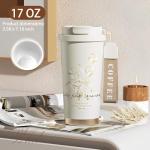 Leakproof Ceramic-Lined Insulated Coffee Mug with Folding Straw and Dual Dust Caps, 316 Stainless Steel, Cupholder-Friendly, Multifunctional Lid for Hot/Cold Beverages 17oz (White)