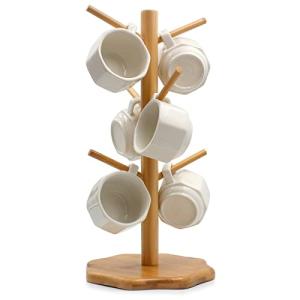 Gihunk Mug Tree, Coffee Mug Tree, Bamboo Countertop Mug Tree Stand, Coffee Mug Holder Tree for Counter Stand with 6 Hooks, Octagon Base Coffee Cup Tree, Removable Mug Stands
