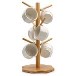 Gihunk Mug Tree, Coffee Mug Tree, Bamboo Countertop Mug Tree Stand, Coffee Mug Holder Tree for Counter Stand with 6 Hooks, Octagon Base Coffee Cup Tree, Removable Mug Stands
