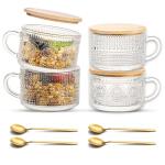 JBHO Vintage Glass 14OZ Coffee Mugs 4pcs Clear Embossed Glass Cups with Bamboo Lids and Spoons Gifts for Women Overnight Containers for Tea,Cereal,Cappuccino, Latte