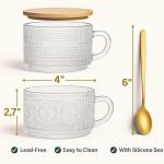 JBHO Vintage Glass 14OZ Coffee Mugs 4pcs Clear Embossed Glass Cups with Bamboo Lids and Spoons Gifts for Women Overnight Containers for Tea,Cereal,Cappuccino, Latte