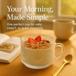 JBHO Vintage Glass 14OZ Coffee Mugs 4pcs Clear Embossed Glass Cups with Bamboo Lids and Spoons Gifts for Women Overnight Containers for Tea,Cereal,Cappuccino, Latte