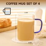 GURUDAR Glass Tea Cups Set of 4, Clear Borosilicate Glass Teacups with Handle for Tealover, Dishwasher & Microwave Safe Large Coffee Mugs for Espresso Cappuccino Latte Juice, 17OZ/500ML