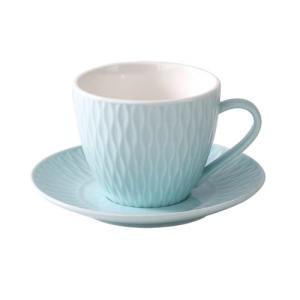 WAIT FLY Retro Embossed Ceramic Coffee Mug Set with Saucer, Tea Cup, Breakfast cup, Dessert Plate-Blue-6 OZ
