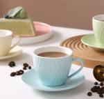 WAIT FLY Retro Embossed Ceramic Coffee Mug Set with Saucer, Tea Cup, Breakfast cup, Dessert Plate-Blue-6 OZ