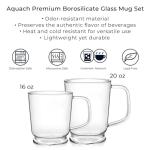 Aquach Set of 2, 20-Ounce Glass Coffee Mugs with Handle - Heat Resistant, Clear Cups for Daily Use