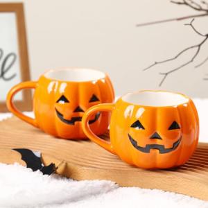 Maxsoins 2 PACKS Halloween Pumpkin Mug Set 14 oz-Cute and Spooky Ceramic Coffee Mugs for Fall Halloween Party Home Decor