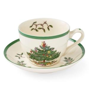 Spode Christmas Tree Teacup & Saucer Set - 7 Oz Earthenware Cup for Tea, Coffee, Cappuccino, Espresso - Holly & Mistletoe Holiday Accents - Holiday Collection Design for Gifting