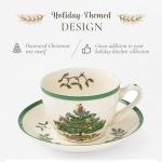Spode Christmas Tree Teacup & Saucer Set - 7 Oz Earthenware Cup for Tea, Coffee, Cappuccino, Espresso - Holly & Mistletoe Holiday Accents - Holiday Collection Design for Gifting