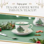 Spode Christmas Tree Teacup & Saucer Set - 7 Oz Earthenware Cup for Tea, Coffee, Cappuccino, Espresso - Holly & Mistletoe Holiday Accents - Holiday Collection Design for Gifting