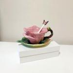 Minigift Ceramic Tea Cup and Saucer Set ，6OZ 3D Hand-Painted Flower and Lotus Leaf Coffee Mug，Gift for Women- Dark Pink Rose