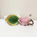 Minigift Ceramic Tea Cup and Saucer Set ，6OZ 3D Hand-Painted Flower and Lotus Leaf Coffee Mug，Gift for Women- Dark Pink Rose