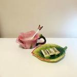 Minigift Ceramic Tea Cup and Saucer Set ，6OZ 3D Hand-Painted Flower and Lotus Leaf Coffee Mug，Gift for Women- Dark Pink Rose