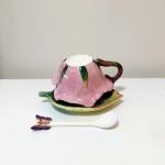 Minigift Ceramic Tea Cup and Saucer Set ，6OZ 3D Hand-Painted Flower and Lotus Leaf Coffee Mug，Gift for Women- Dark Pink Rose