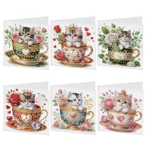6 Pack DIY Cat in Teacup Diamond Painting Greeting Cards with Envelopes – Cute Animal Rhinestone Art Craft Kit, Handmade Crystal Card Set, Diamond Art Kits for Adults