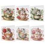 6 Pack DIY Cat in Teacup Diamond Painting Greeting Cards with Envelopes – Cute Animal Rhinestone Art Craft Kit, Handmade Crystal Card Set, Diamond Art Kits for Adults