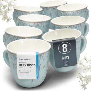 PURE LIVING INTERIOR DESIGN Stoneware Coffee Mugs Set of 8, Stylish Coffee Mug Set modern beige-blue, 14.5 Oz Coffee Cups Ceramic, Dishwasher and Microwave Safe Mug, Ceramic Mug, Coffee Cup Set
