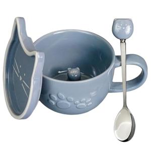 Koolkatkoo Ceramic Tea Cup Cat Coffee Mug - Mugs with Lid and Spoon, Ceramic Animals inside Milk Mug, Cat Gifts for Men, Birthday Christmas Gifts, 10oz Grey