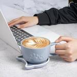 Koolkatkoo Ceramic Tea Cup Cat Coffee Mug - Mugs with Lid and Spoon, Ceramic Animals inside Milk Mug, Cat Gifts for Men, Birthday Christmas Gifts, 10oz Grey