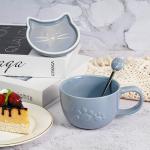 Koolkatkoo Ceramic Tea Cup Cat Coffee Mug - Mugs with Lid and Spoon, Ceramic Animals inside Milk Mug, Cat Gifts for Men, Birthday Christmas Gifts, 10oz Grey